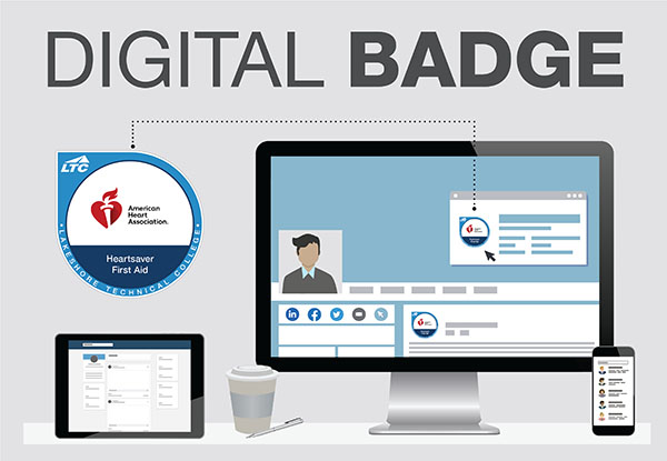 An LTC-generated digital badge example is shown for successfully completing Heartsaver First Aid. The graphic also shows where a digital badge shows up in an online profile.
